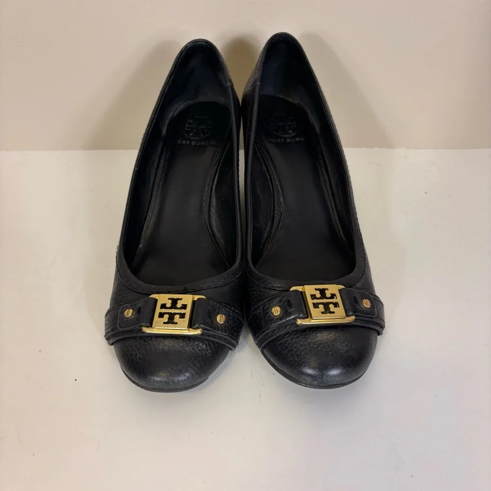 Tory Burch Black Leather Wedge Pumps with Gold Logo Trim 8.5‎